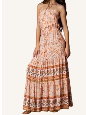 Aakaa Peach Strapless Floral Boho Maxi Dress